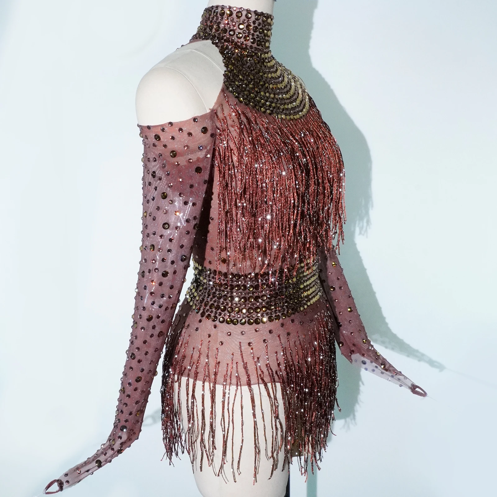 glitter brown rhinestone bodysuit stage outfit sexy mesh club party birthday Celebrate leotard women DS Team pole dance clothing