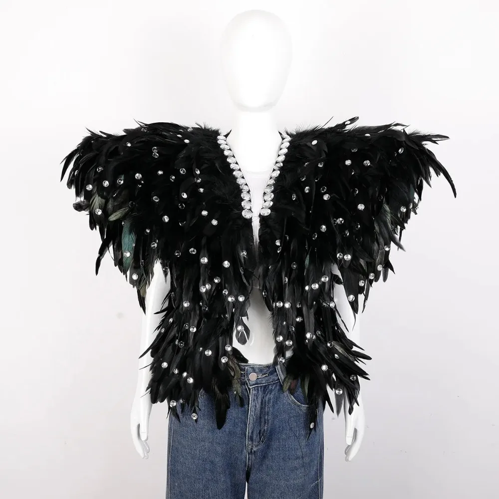 Carnival Halloween Gothic Feather Cape Coat Solid Color Shawl Women's Rhinestone Vest Performance Props Costume Accessories