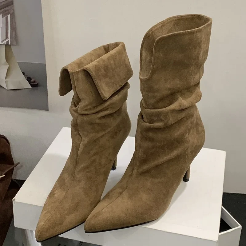 

Aneikeh пикантные модные плиссированные ботильоны на тонком каблуке с острым носком, женские осенне-зимние короткие ботильоны, обувь для вечеринок