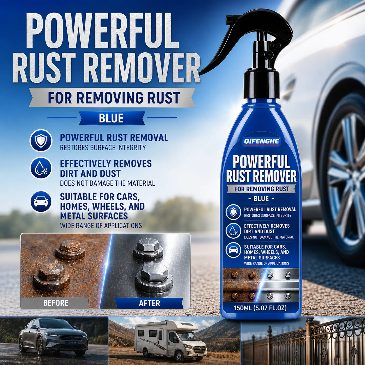 QIFENGHE 150ml Powerful Rust Remover Spray Blue Multi-purpose Metal Rust Cleaner for Car Wheels RV Metal Fixtures Restore Shine