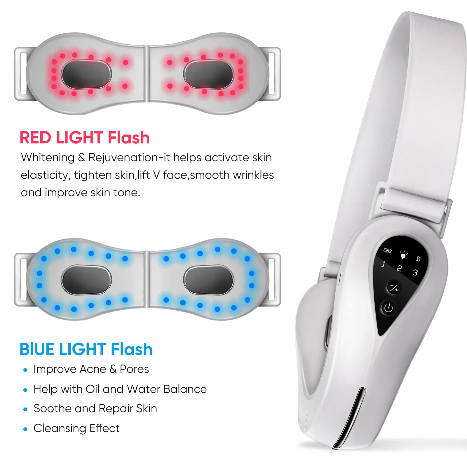 Double Chin Eliminator Machine EMS Facial Lifting Massager Double Chin V Shape Lift Belt Red Blue Light LED Face Slimming