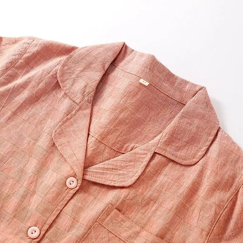 

Spring And Summer Cotton Compartment Lapel Collar Couples Short-Sleeved Cardigan Tops With Long Trousers Pijamas Women