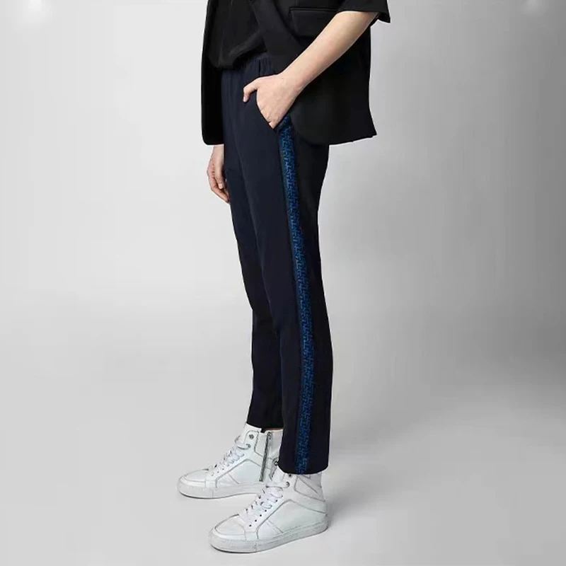 

Zadig Casual Trouser Women Fashion Black Cool Patchwork Pants Female New Summer Fashion Trousers Elastic Waist Webbing Nine Pant