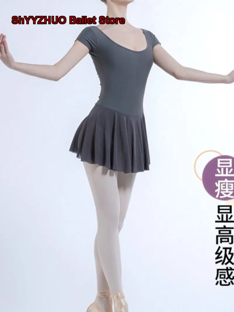 Maillot de Práctica para Mujer Adulta, Vestido de Baile de Manga Corta para Verano, Maillot de Gimnasia Gris, Traje de Cuerpo Entero