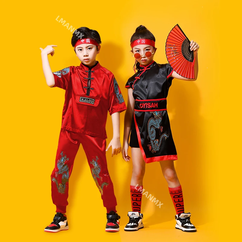 Roupas de performance de dança jazz festiva estilo chinês infantil, performances qipao de pista de dança de rua hip-hop chiques da China