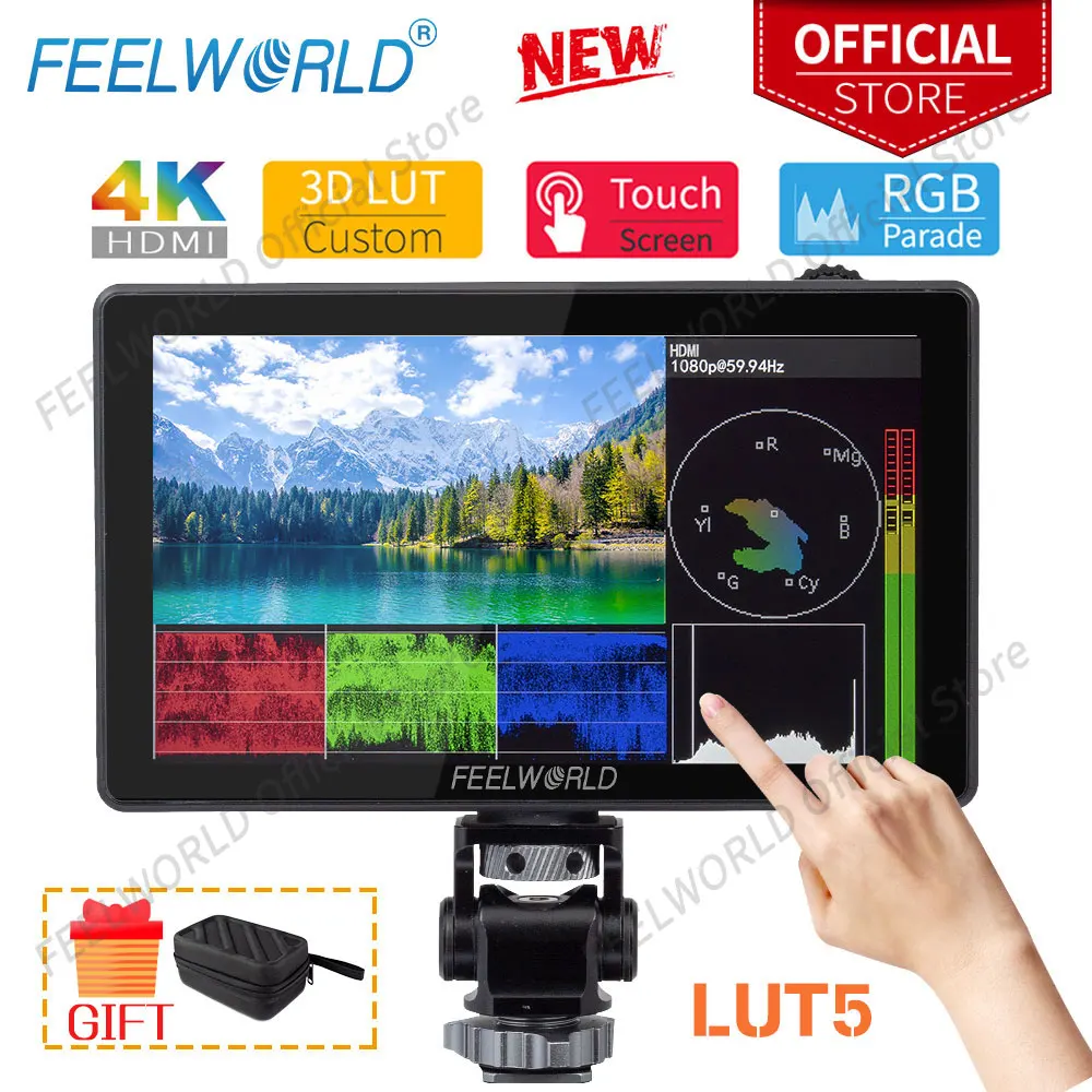 FEELWORLD-DSLR Camera Field Monitor with Instal Kit, LUT5, Ultra High Bright, 4K, HDMI Input, Output, Touch Screen, 5.5 