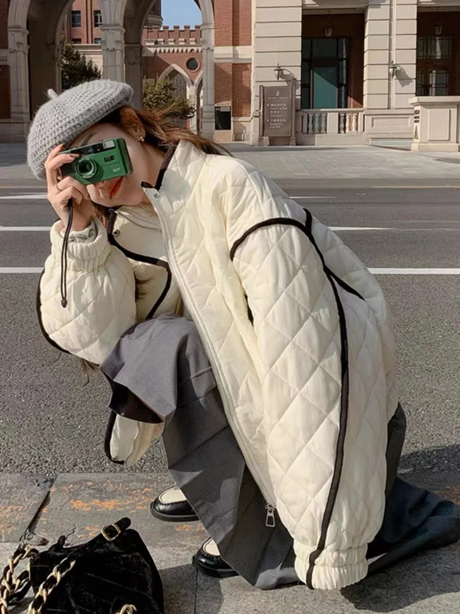 

DHWA Winter Quilted down Jaet Zipper Bread Coat 2023 Autumn Winter Small Size Parka Outerwear Korean Sle Loose Fit