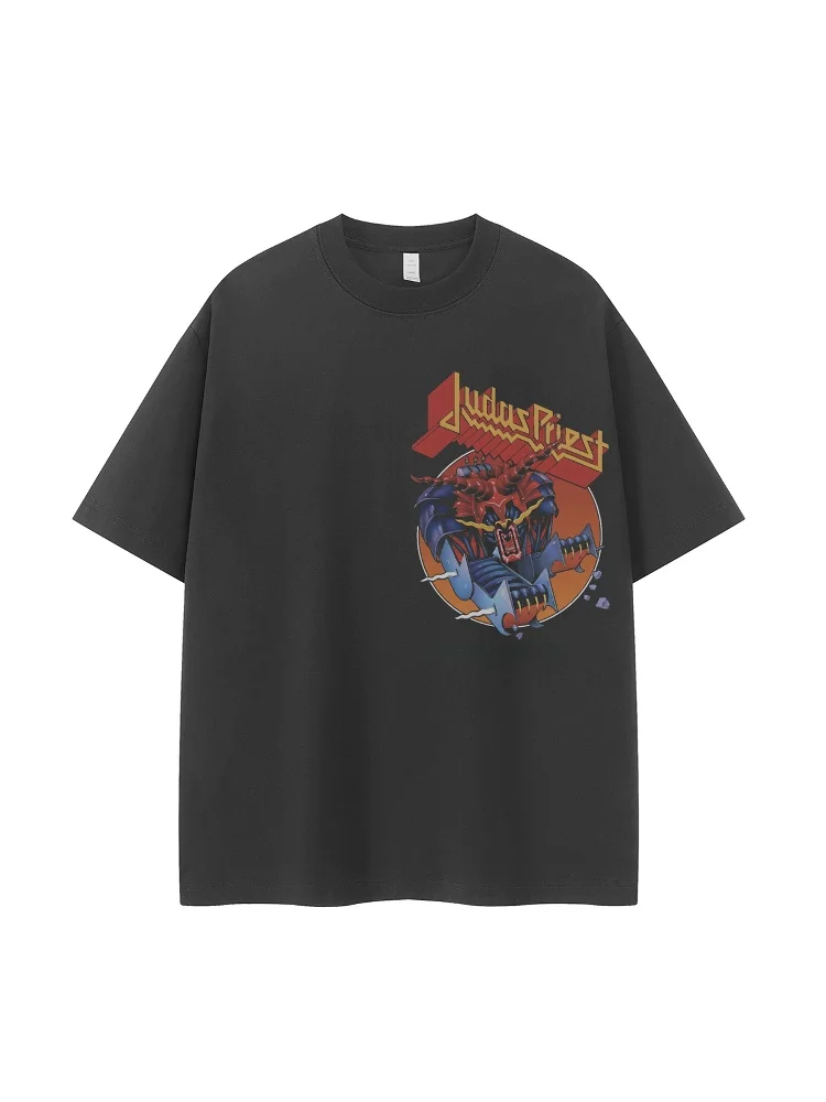 Judas Priest Band Vintage American Streetwear Loose Rock Short Sleeve T-Shirt Shoulder Drop Casual Fashion Urban Style Cotton