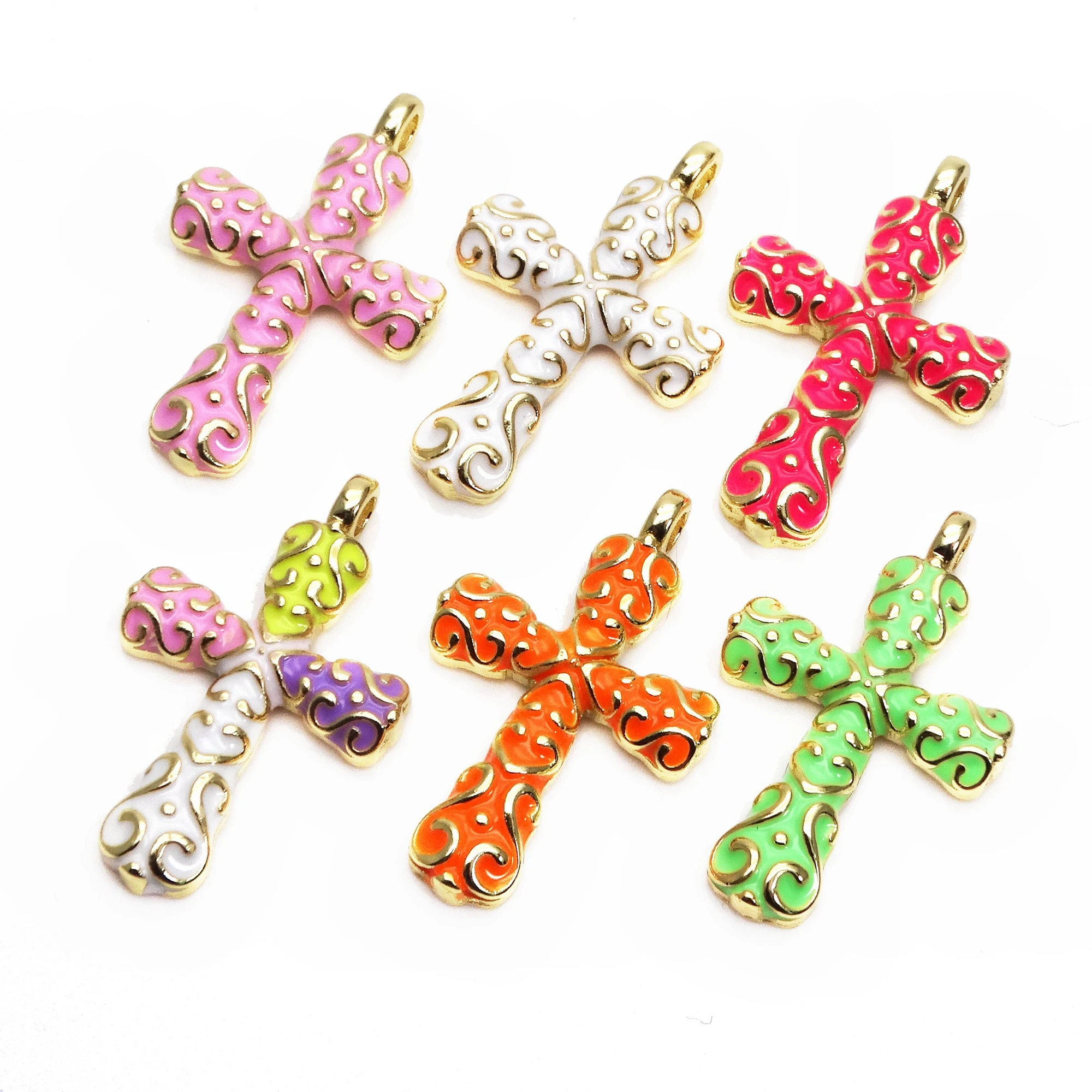 Flower cross pendant flower vase cross charms Drops paint oil Gold plated pendant DIY bracelet necklace make fittings accessorie