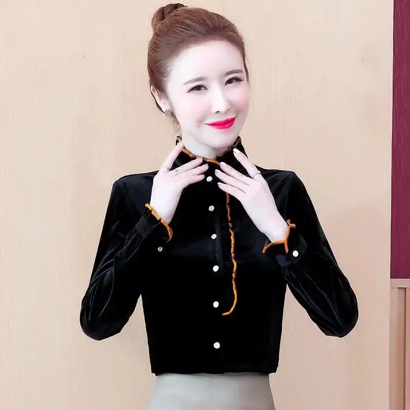 Plus Size Women Clothing Gold Velvet Shirt Tops Spring Autumn New Long Sleeve Contrast Patchwork Vintage Blouse Fashion Elegant