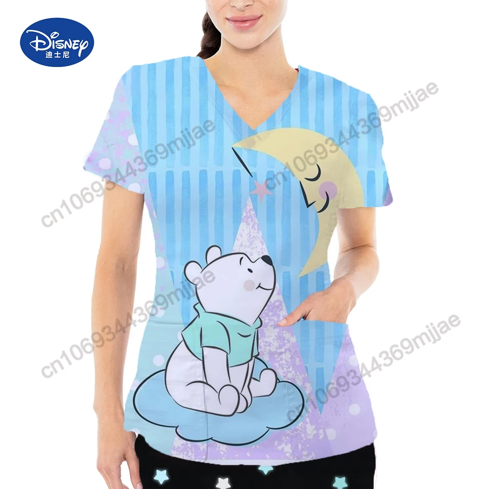 2024 Summer New Pretty Disney Cartoon pattern Double Pocket V-Neck Design Style Comfortable Clothing Female nurse\'s uniform