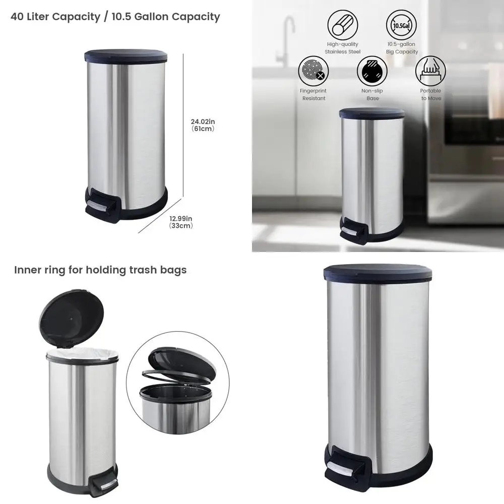 

10.5 Gallon Silver Step-On Trash Can with Lid and Removable Inner Bucket
