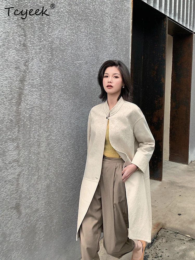 Tcyeek 리얼 양가죽 봄 가을 트렌디 미드 길이 베이지 스탠드 칼라 여성용 천연 가죽 재킷
