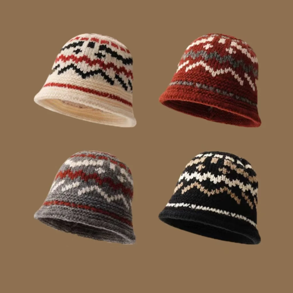 Autumn and Winter Warm Knit Bucket Hat Woolen Yarn Fair Isle Beanie Insulated Design Pattern Fisherman Hat