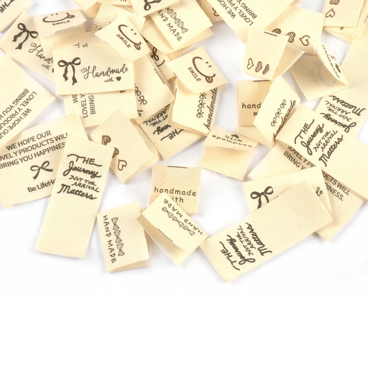 50pcs 19.5-44mm Random Mix Simple Beige Printed Labels For Clothing DIY Hats Bags Sewing Decorative Handmade Accessories C3782