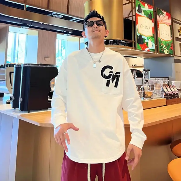 Sweat-shirt décontracté à col rond pour hommes, Tailcoat, T-shirt à manches longues, Poche, Ins ChimBrand, Lettre, Tendance de la mode, Nouveau