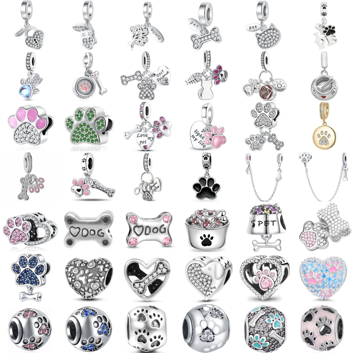 925 Sterling Silver Cute Animal Cat Dog Paw Print Pendant Heart Bead String Compatible With Original Bracelet DIY Jewelry Making