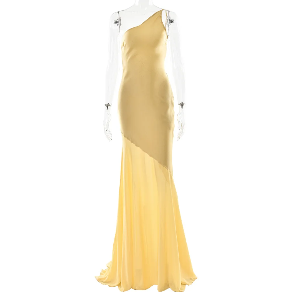 

Sexy Backless Yellow Asymmetry One Shoulder Mermaid Mesh Satin Formal Dress