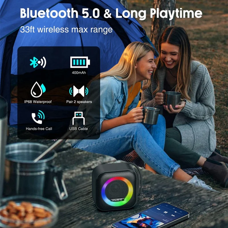 Alto-falante Bluetooth portátil, Luz colorida RGB, Subwoofer sem fio impermeável, Surround estéreo, Alto-falante de viagem TWS