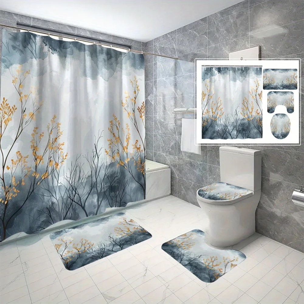 

4 шт., водонепроницаемая занавеска для душа с цифровым принтом золотой ветки, полиэстеровая водонепроницаемая занавеска для душа без дырокола, перегородка, занавеска для ванной комнаты