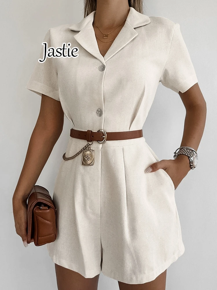 

Jastie 2024 Summer New Women Jumpsuit Solid Khaki Short Sleeve Lapel Button Shorts Romper Overalls For Women Linen Playsuits