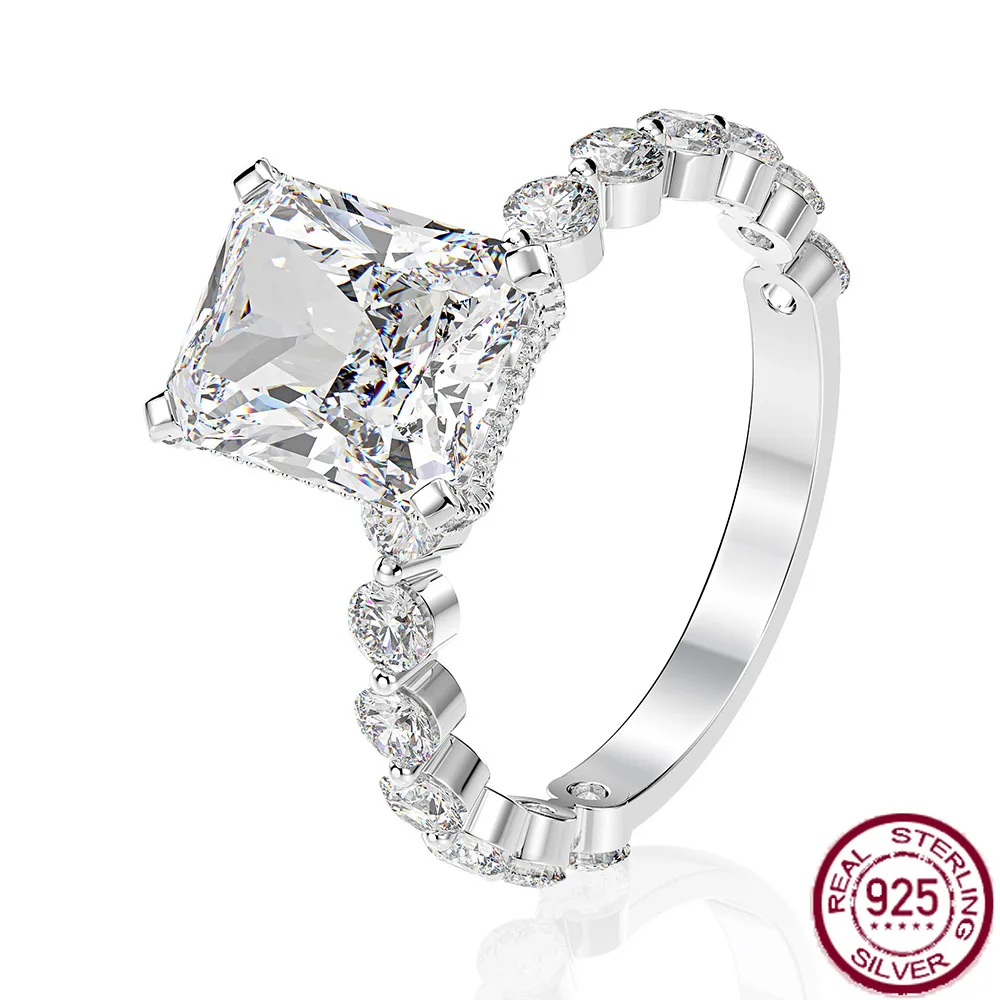 

New S925 Silver Fashion Light Luxury Full Diamond Rectangular 8 * 10 High Carbon Diamond Ring Women's Diamond Engagement Jewelry