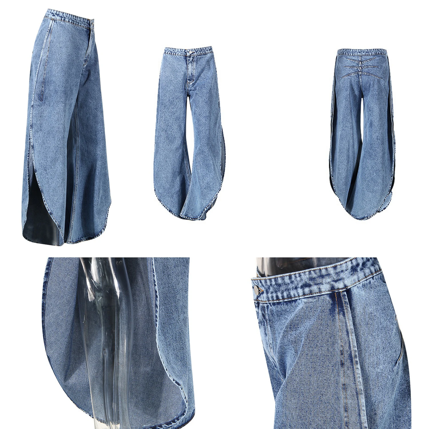 Y2K Women Denim Two Piece Outfit Sleeveless Ruffle Peplum Top High Waist Split Balloon Wide Leg Jean Matching Sets view 5