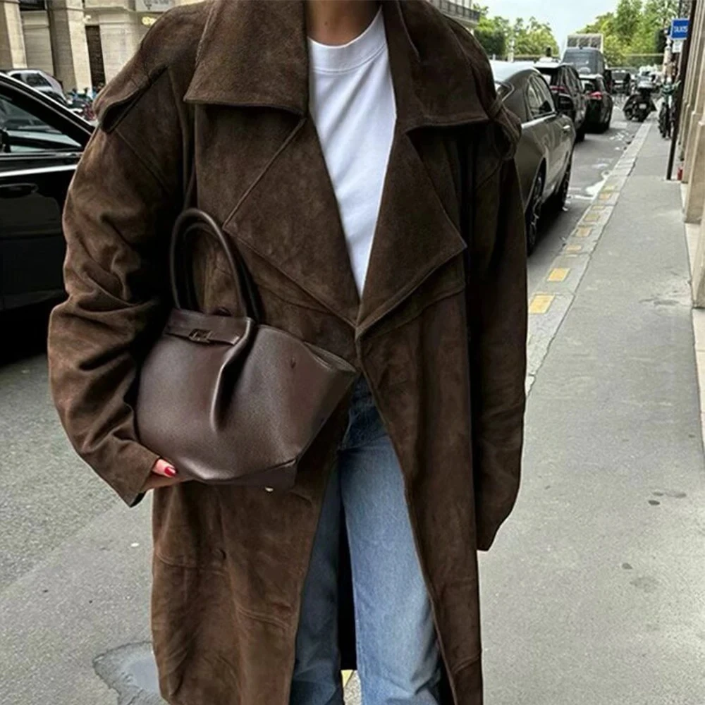 KONDALA Vintage Brown Faux Leather Belt Overcoat Fashion 2025 Spring Casual Outwear Streetwear Mature Cool Long Slim Winter Coat