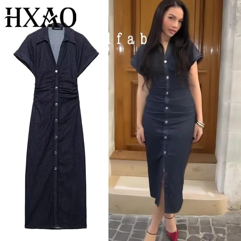 HXAO Blue Denim Dresses Woman Short Sleeve Shirt Long Dress Women Summer Ruched Bodycon Casual Dresses Elegant Midi Dress 088