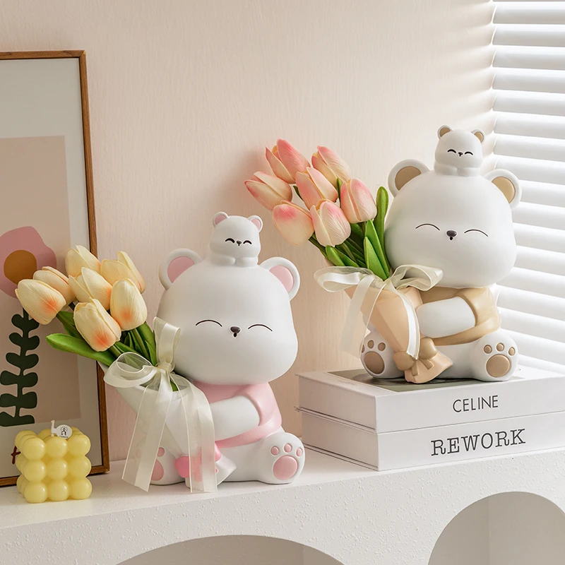 Cute Bear Vase Resin Figurine Holding Tulip Flower Bouquet Desktop Ornament Home Table Decor Birthday Gift
