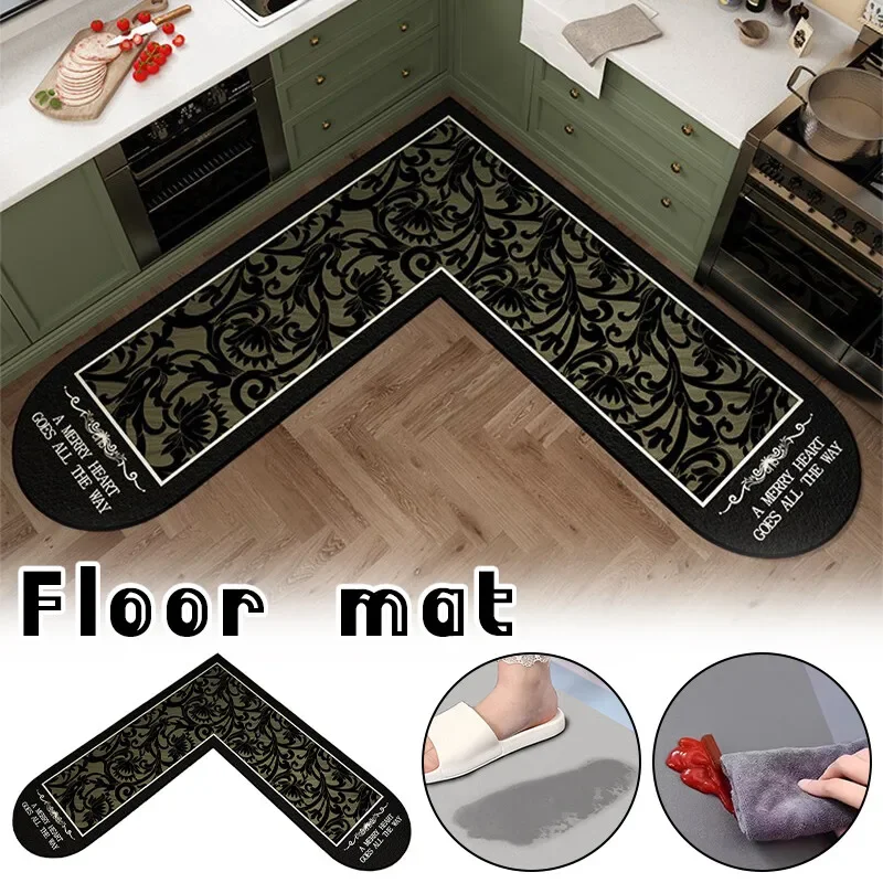 Retro Print Kitchen Floor Mat Ethnic Style Plaid Waterproof Rug Diatom Ooze Mat L Shaped Non Slip Floor Cushion Foot Mat