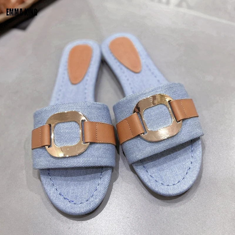 

2024 Summer Women Slippers Peep Toe Flat Heels Metal Decor Designer Ladies Mules Brand Runway Slides Women Sandalias Mujer