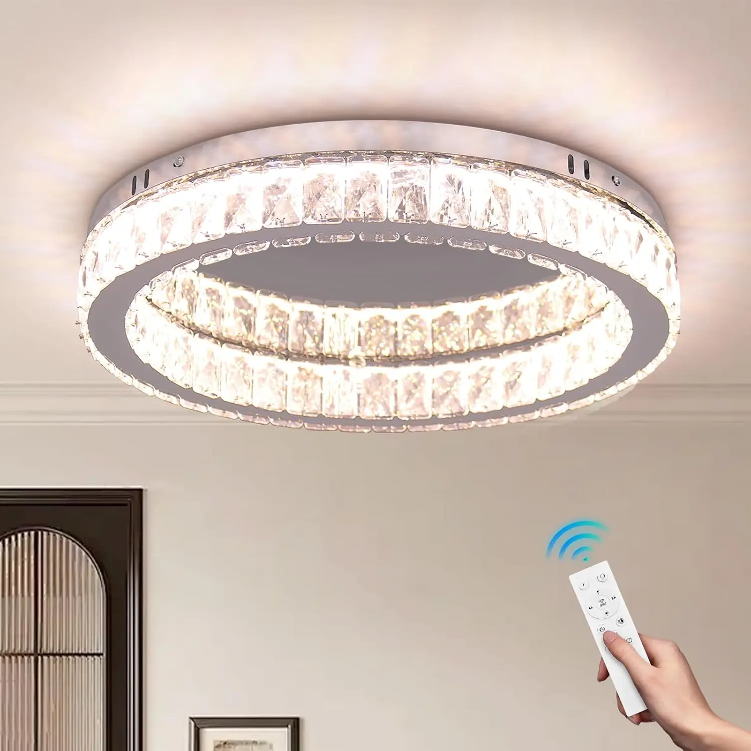 

17.7" Dimmable Crystal LED Ceiling Light Fixture Modern Round Chandelier Low Profile Ceiling Lamp with Remote Control for Living