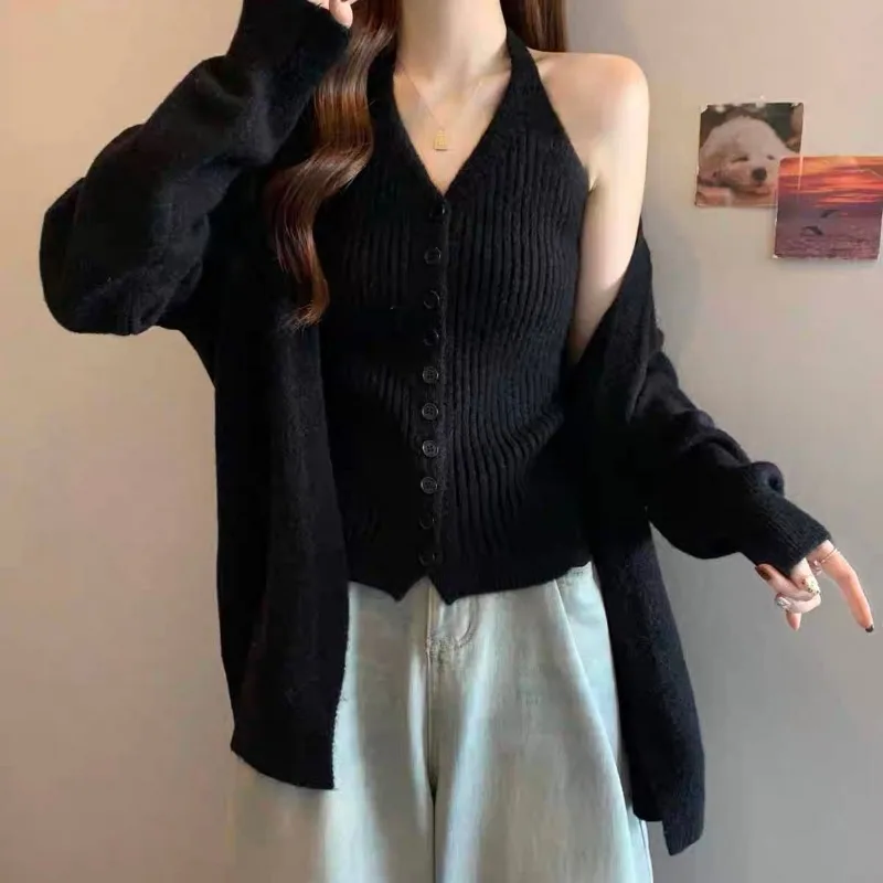 Giacca maglione allentata ispessita stile pigro Canotta lavorata a maglia autunno e inverno da donna Top in due pezzi