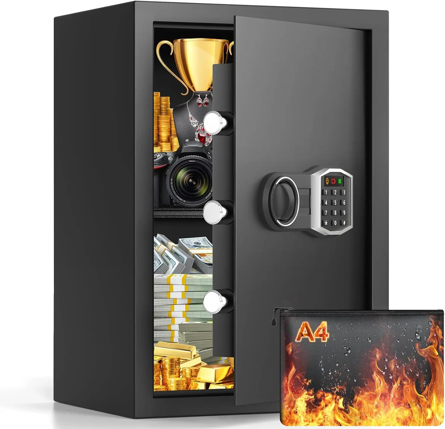 3.0 Cub Brankas Rumah Besar Tahan Api Tahan Air, Kotak Aman Atap Tembak Digital dengan Tas Tahan Api, Kunci Kombinasi dan Sistem Alarm