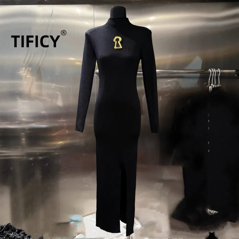 

High Street New Autumn and Winter Metal Hollow Knitted Dress Women's Slim Fit Long Sleeved Base Sweater Streetwear Long Dress