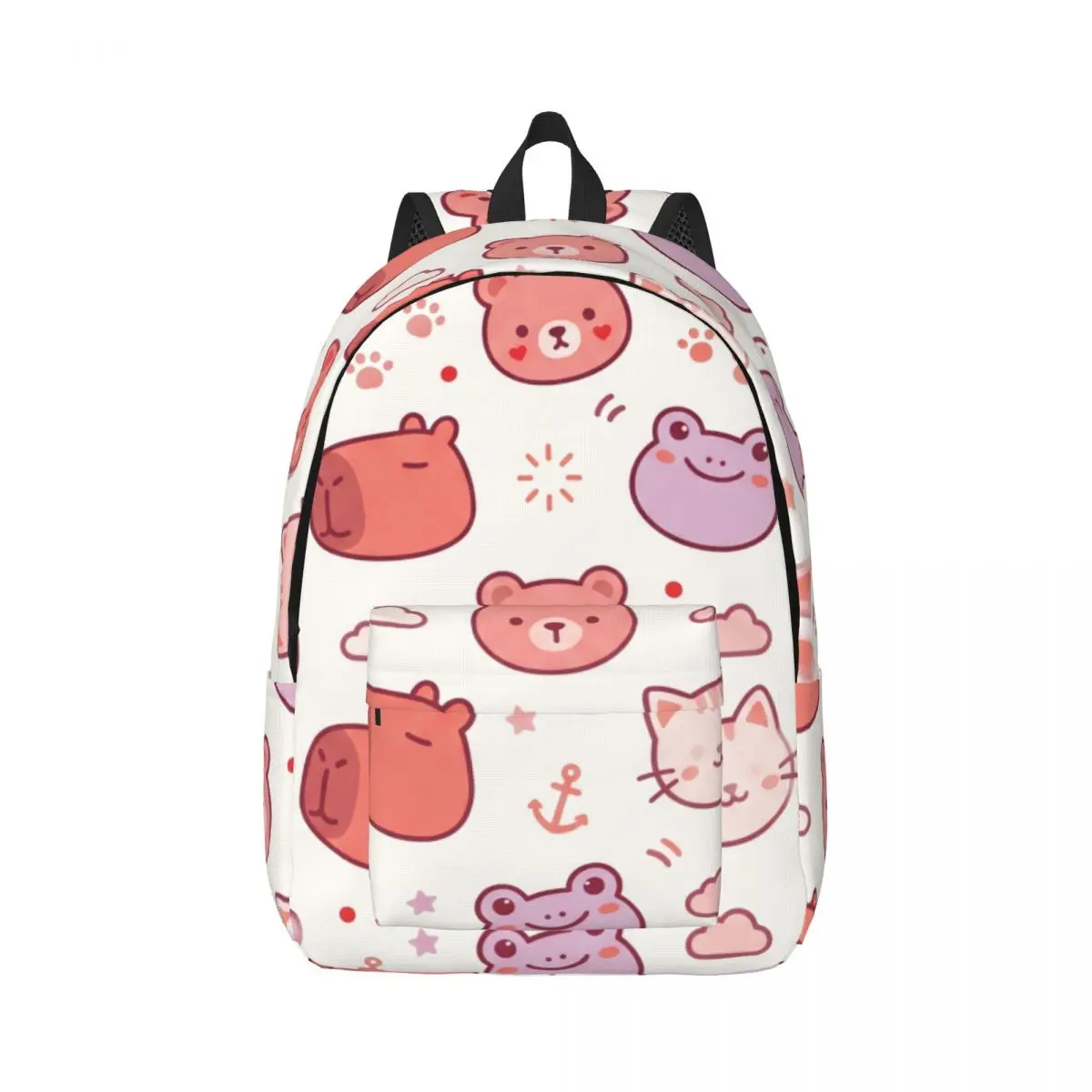 School Backpack Tossed Cat Bunny Bear Frog Cute Kawaii Pink White Fashion Daypack for College Travel Gift Cozy Bookbag for Girls
