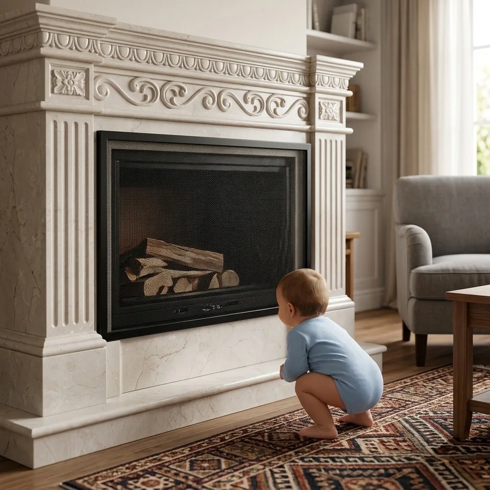 Black Fireplace Guard for Child and Pet Safety PVC Material Mesh Screen 29x40cm and 29x45cm Quick Install Design