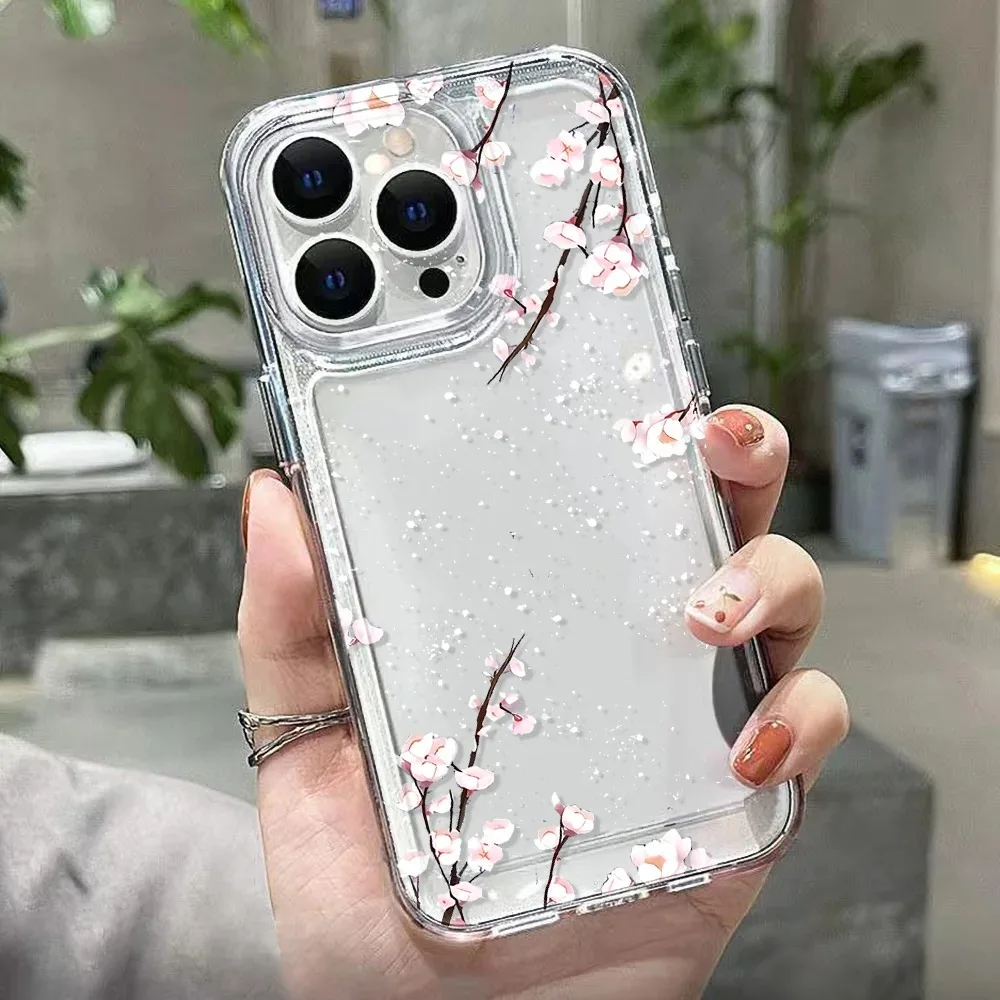 Transparent Flower Print Floral Case For iPhone 16 15 14 13 11 Pro Max 13 12 Mini 7 8 Plus 16E XS XR SE Clear Soft Back Cover