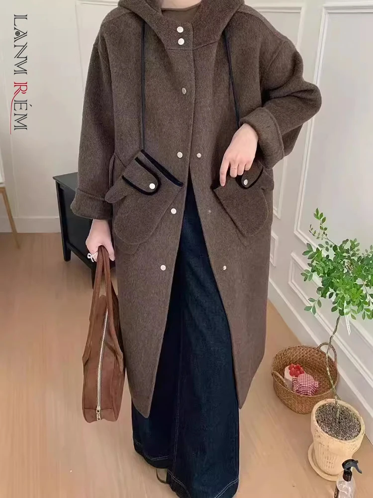 

LANMREM 2024 Winter New Hooded Double-sided Wool Coat For Women Single Breasted Woolen Coats With Pockets Female Fashion 2DB1094