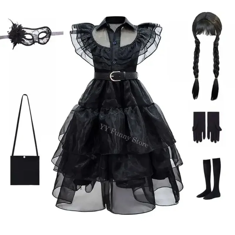 2025 ❤   جديد بنات أدامز تأثيري الرعب الاطفال الساحرة معالج فستان أسود كرنفال حلي أزياء الهالوين ★ ★