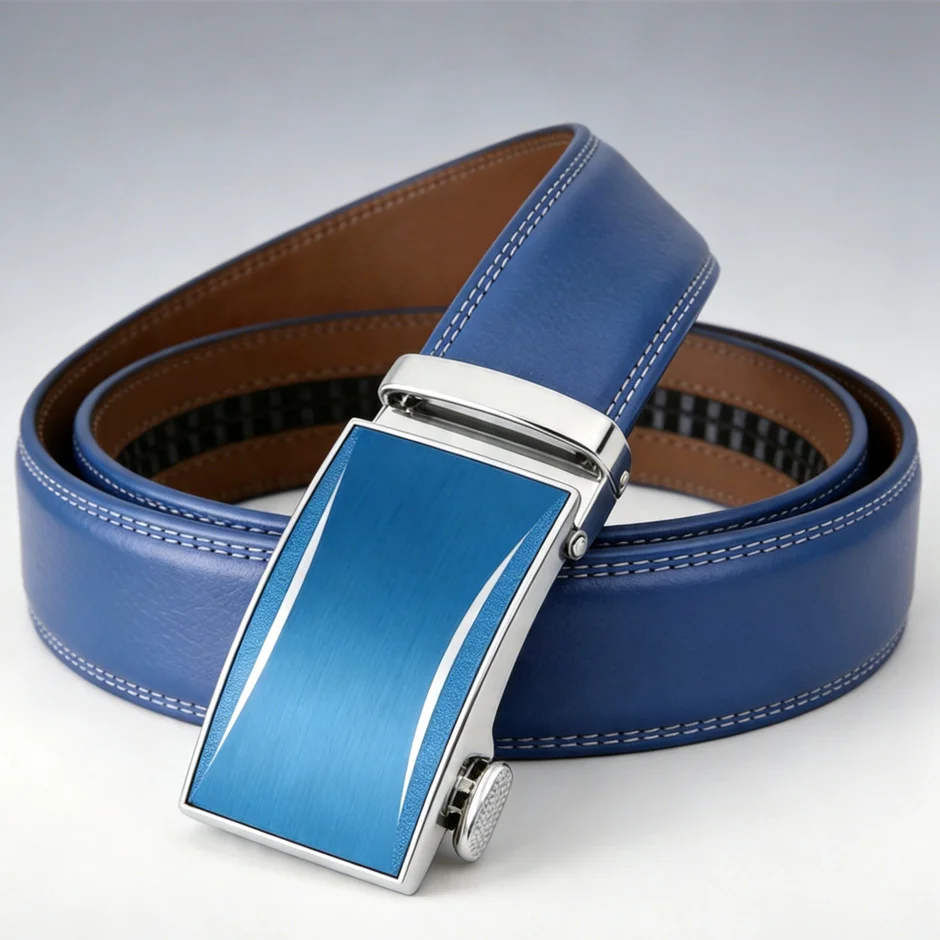 High Quality Blue Men Belt 2026 Men's Automatic Buckle Cowhide Leather Brand Formal Dress Belt Luxury Designer Mens Belts B538