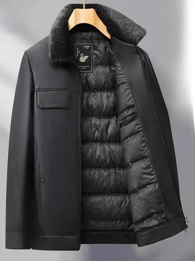 

Men's down Leather Jaet Warmth Cold Proof Stand Fit Long Sve Zipper Closure Casual Sle PU Leather Thiened Winter ...