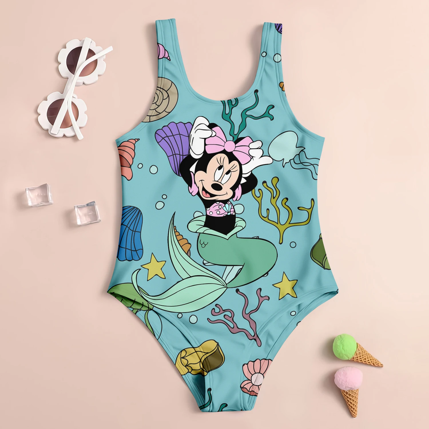 MINISO Disney Mickey Mouse Girl Swimsuit Children\'s Swimsuit 3D Cartoon Print Cute Sand Swimsuit Fashion Children\'s Clothing