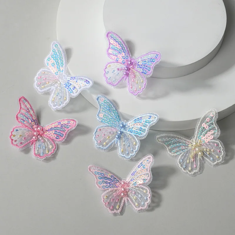 Aplique de mariposa bordado, lentejuelas personalizadas, Clips para el pelo, pendientes, accesorios de decoración, 50 piezas