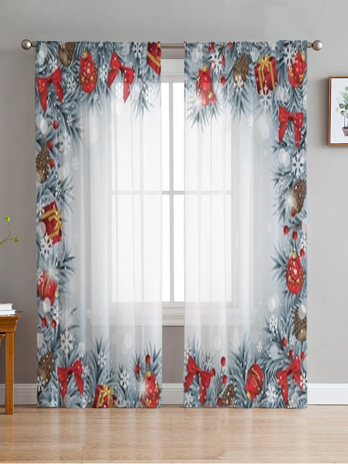 Christmas Decorated Fir Branches Sheer Curtains For Living Room Bedroom Balcony Transparent Window Blinds Kitchen Drapes