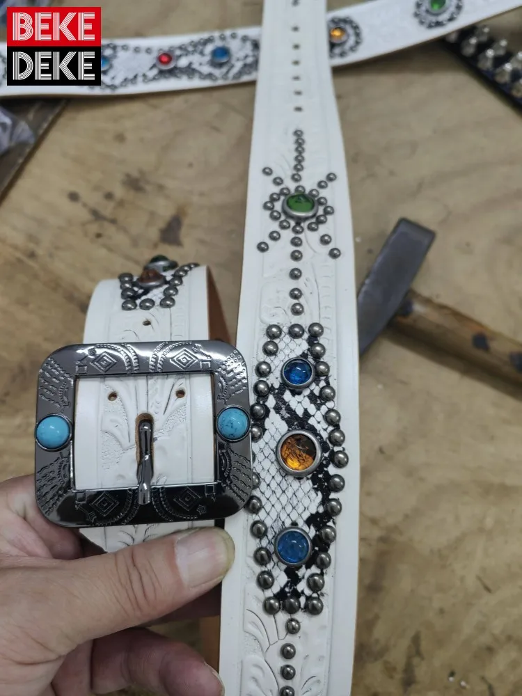 Punk Style Unisex Genuine Leather Belts High Quality Solid Color Diamonds Waistband Neutral Rivet Cowhide Fashion Buckle Strap