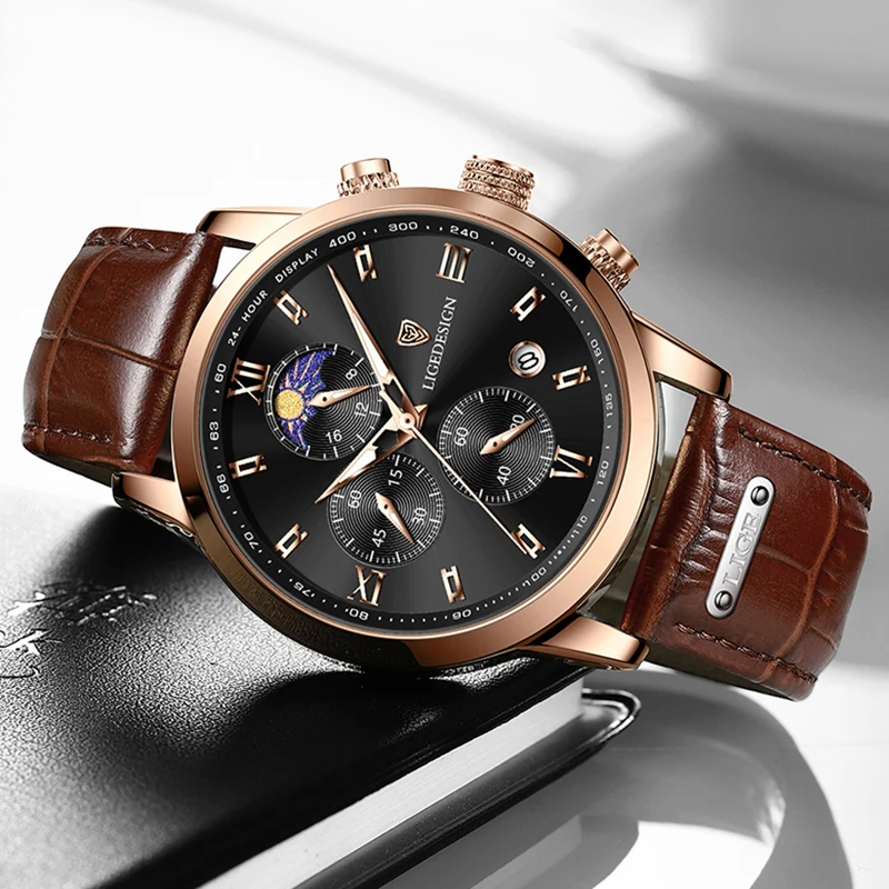 LIGE New Casual Men Watch Luxury Leather Waterproof Sport Quartz Wristwatch Chronograph Military Watch for Men Relogio Masculino image 3
