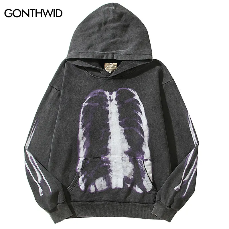 Vintage Hooded Sweatshirt Y2K Streetwear Hip Hop Skull Skeleton Graphic Print Washed Hoodies 2023 Harajuku Punk Gothic Pullover