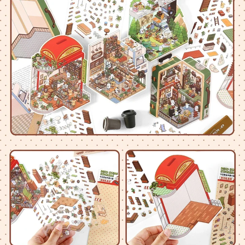 3D Miniature Landscrape Cartoon Bear Rabbit Life Scene Decoration Stickers DIY For Student Adult Decompression Plaster 